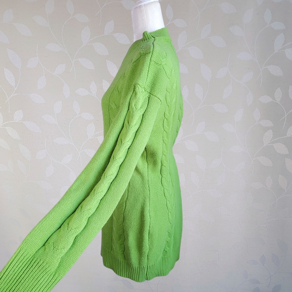 Lime Green Cable Knit Sweater Dress Crew Neck Long Sleeve Size M - Picture 4 of 9